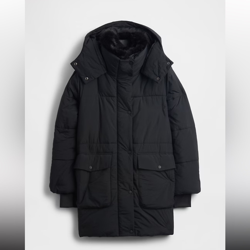 GAP Faux Fur-Trim Midi Puffer Jacket